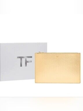 Tom Ford gold leather Zippered pouch Cosmetic Bag Wristlet Clutch NIB